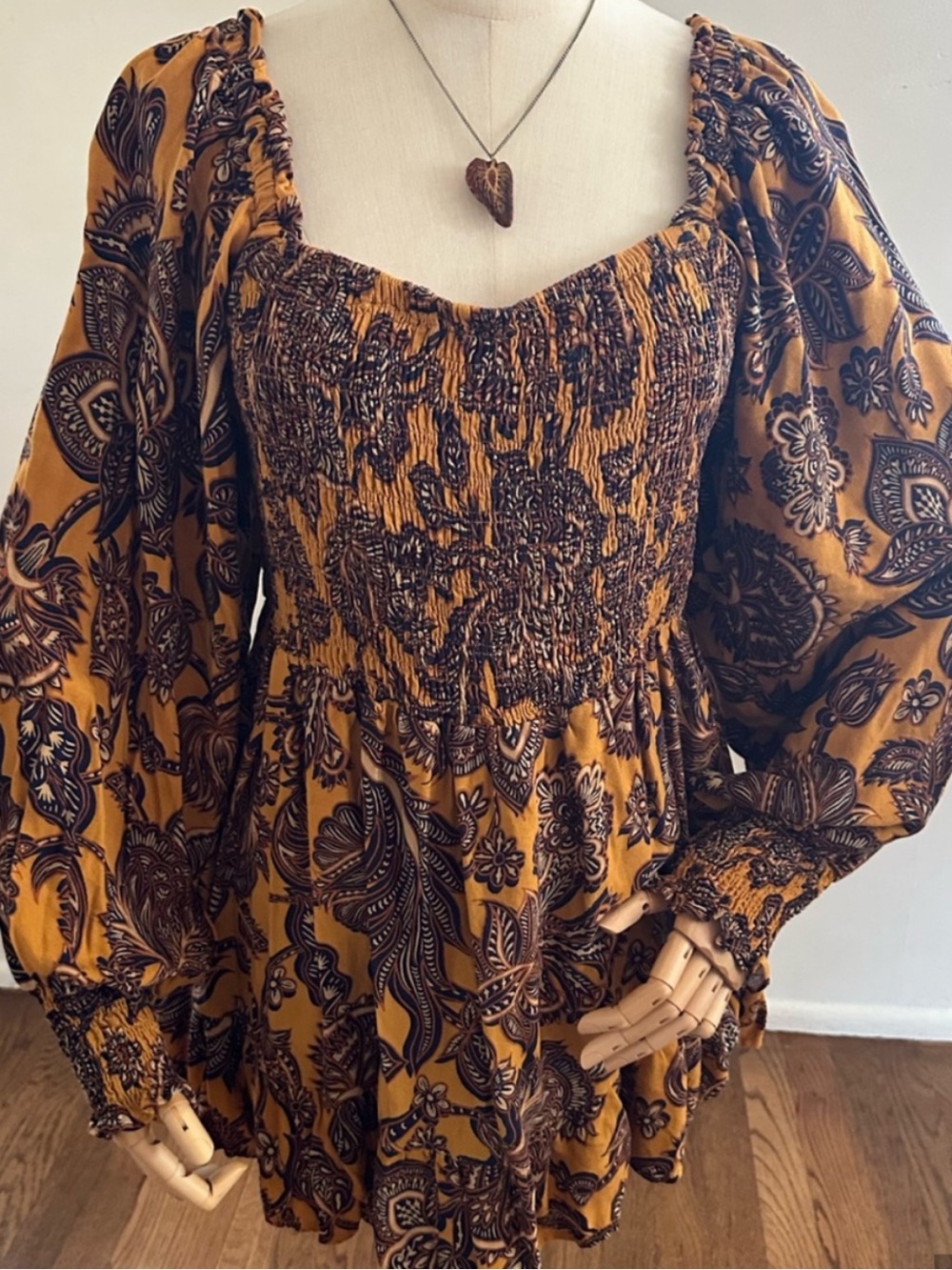 Mustard Paisley Smocked Mini Dress | Boho Puff Sleeve Cottagecore Size 16